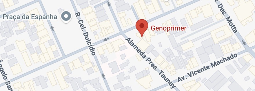 Mapa da localização do Laboratório Genoprimer no Batel, Curitiba, próximo à Praça da Espanha